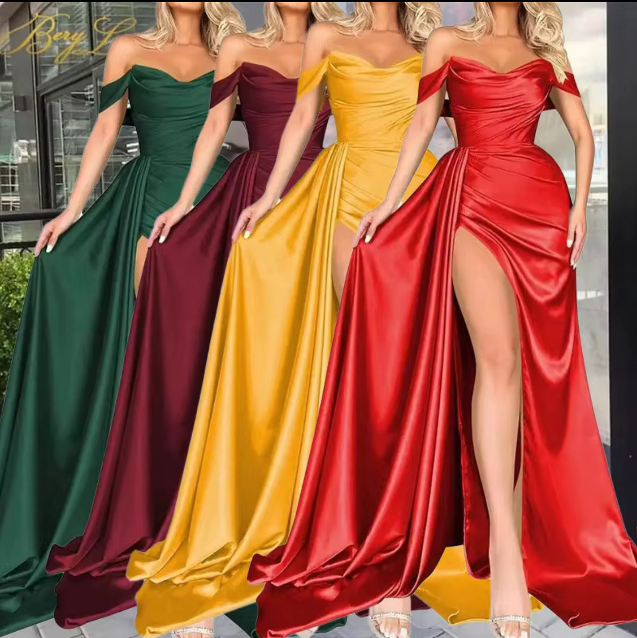 RMB Satin Luxe Off-Shoulder Gown